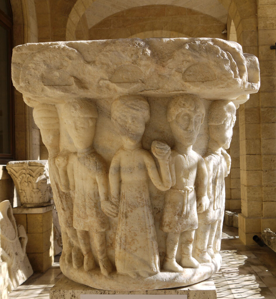 The Capitello della Danza, a stone capital from the 11th century depicting dancers. In the archaeological museum in Brindisi, Puglia