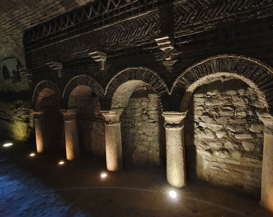 Part of a reassembled cloister colonnade in a cave in Santarcangelo di Romagna